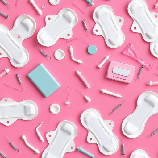 Create a seamless pattern showing menstrual products like pads and tampons on a soft pink background, use a DSLR camera with a 50mm lens, aperture f/2.8, shutter speed 1/125s, ISO 100, top-down view, flat lay style for enhanced clarity and color vibrancy.