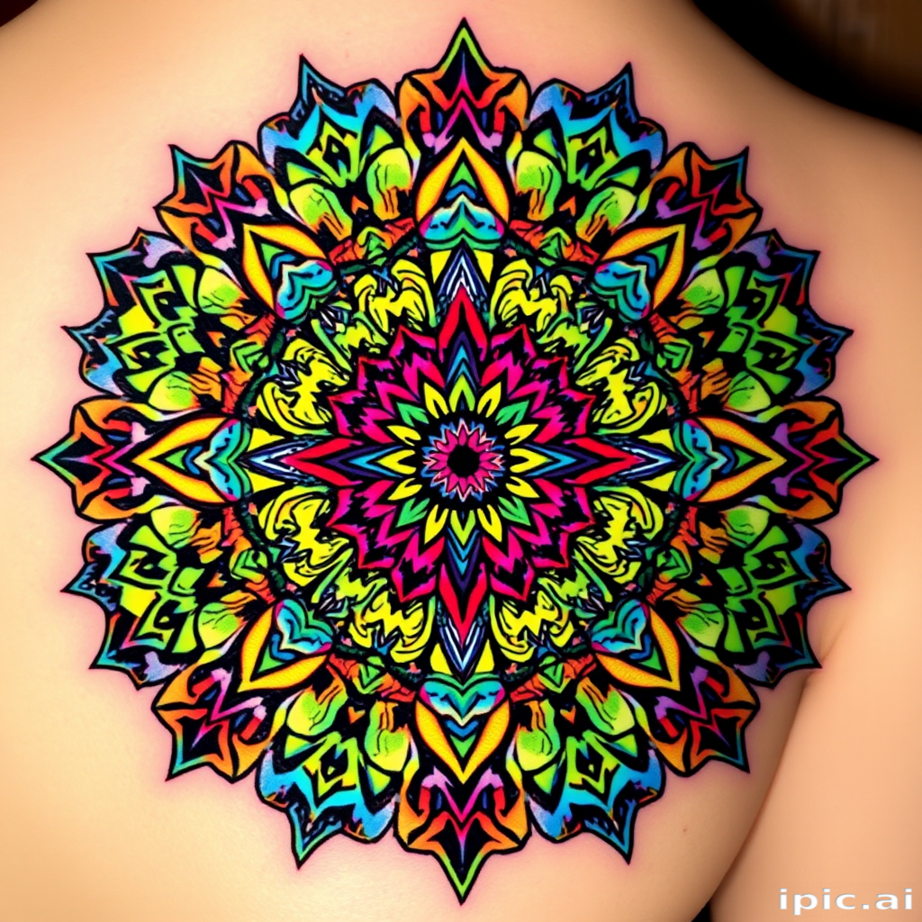 Psychedelic mandala tattoo with kaleidoscopic patterns and vibrant rainbow hues, incorporating sacred geometry and fractal designs for a mind-bending visual experience