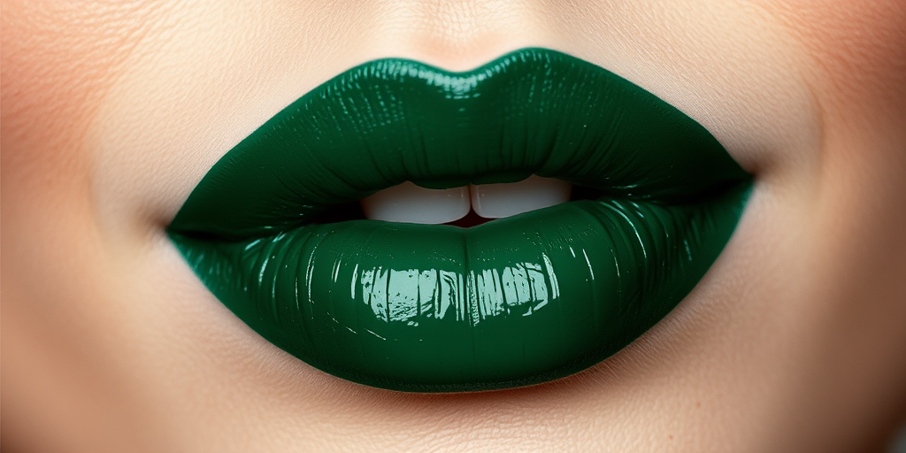 Deep emerald green liquid lipstick coats precisely outlined lips, offering a daring and unconventional appearance with a modern matte finish