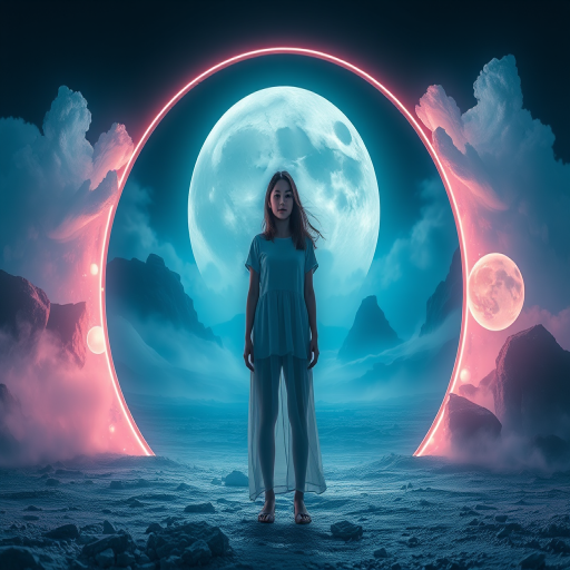 Create an ethereal landscape featuring a young woman standing in a glowing portal, surrounded by a surreal environment with a large moon in the background, captured with a Canon EOS R5 at f/1.8, ISO 100, 24mm lens, with a wide-angle view and soft focus effect.