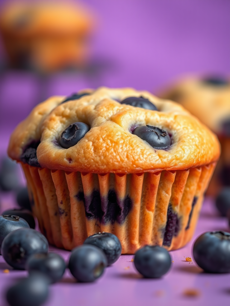 A close-up shot of a freshly baked blueberry muffin with scattered blueberries around it, taken with a Canon EOS R5, 50mm lens, f/1.8 aperture, ISO 100, and a shutter speed of 1/200s, with a soft, blurred background in purple tones to enhance the subject's vibrancy.