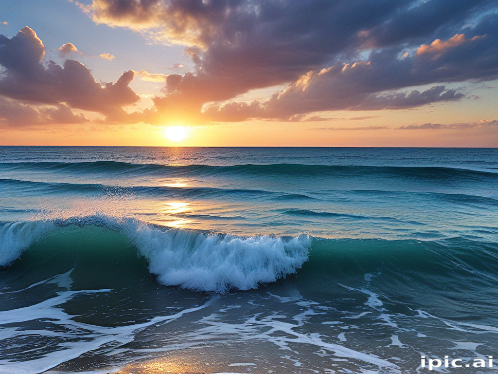 Serene Sunset Over Gentle Waves Beneath a Dramatic Cloudy Sky.