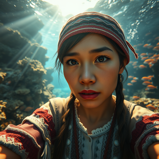 Realistic selfie image of a First Nations, wearing a vintage outfit, detailed dreamy eyes, droopy hooded eyes, staring at the camera, taken underwater at coral reef with a sunbeam filtering through the water, vibrant, summer vacation, natural lighting, turtle and school of tropical fish with vibrant colors, rendered in the style of CryEngine, Pegi Nicol MacLeod, with realistic genre scenes, hauntingly beautiful narratives, ultra-realism, and Thomas Saliot's close-up technique, 8K resolution, crystal clear and sparkling water.