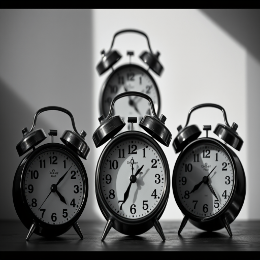 Three vintage alarm clocks arranged artistically in a close-up shot, shot with a Canon EOS R5 at f/4, ISO 100, 1/125 sec, using natural light to create high contrast and a dramatic black and white effect.
