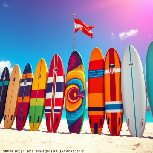 Generate a vibrant digital illustration of surfboards lined up on a beach with a colorful painted surfboard in the center, include a waving flag in the background, use high resolution 24MP camera settings, shoot from a low angle with a wide aperture of f/2.8, and apply a digital art style for enhanced texture and depth.