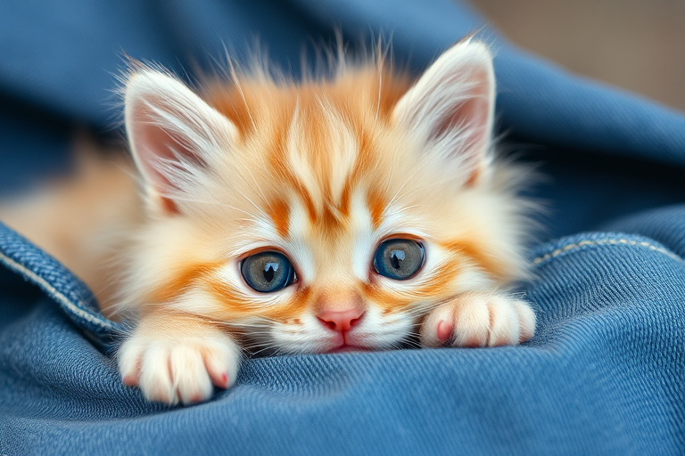 Cute fluffy kitten with big round eyes resting in denim fabric looking adorable and playful