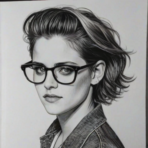 Attractive Kristen Stewart, pencil sketch, portrait of Superb woman 1953s in glasses, hair style beatnik, outline, clear lines, fine lines, 8k