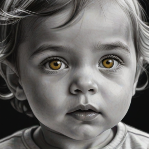 A hyperdetailed photorealistic black and white sketch of a beautiful toddler with deep Yellow eyes, with a macro focus