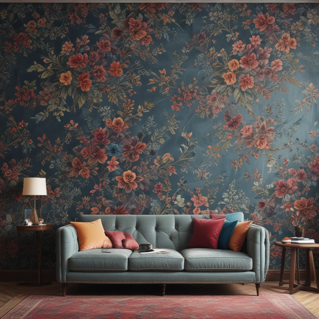 A Cozy Living Room with Floral Wallpaper and a Comfortable Sofa.