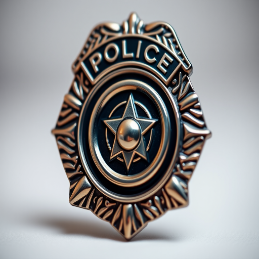 Generate a high-resolution image of a stylized police badge, using a DSLR camera with a 50mm lens, aperture set to f/2.8 for a shallow depth of field, ISO 100, and a soft focus background to enhance the badge's detail and shine.