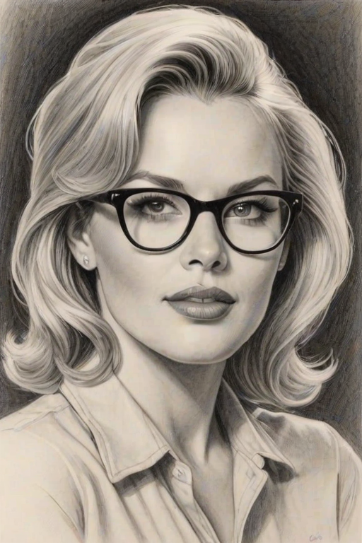 Graceful Gena Lee Nolin, pencil sketch, portrait of Attractive woman 1942s in glasses, hair style beatnik, outline, clear lines, fine lines, 8k