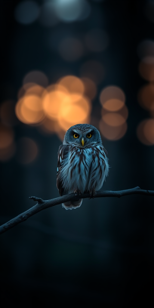 A small owl perched on a branch in a twilight forest setting, captured with a Canon EOS R5, 85mm lens, aperture f/1.8, ISO 200, 1/200 sec exposure, soft focus background.