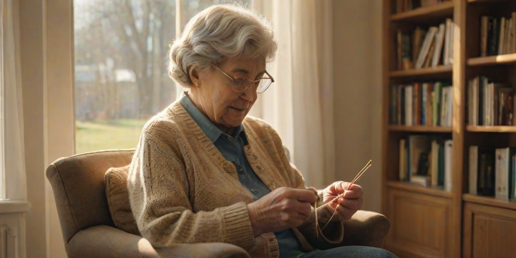 Warm, intimate photo of a grandmother knitting by a sunny window, soft golden light illuminating her hands and the yarn, with a cozy armchair and bookshelf visible in the background.