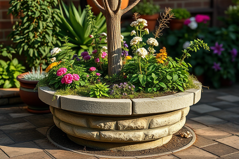 Create a well-lit outdoor scene of a circular stone planter filled with lush plants and flowers, using a DSLR camera with a 50mm lens, aperture f/2.8, ISO 200, and a shallow depth of field for a soft background blur.