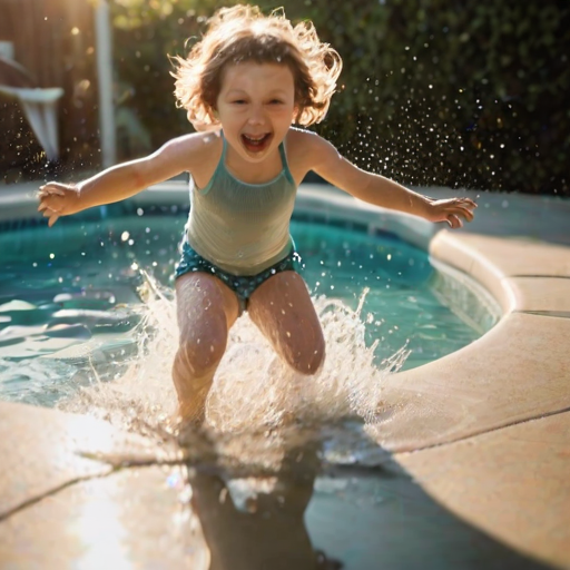 Blurry action shot of a child jumping into a pool, splashing water everywhere, with bright sunlight reflecting off the surface and laughter echoing in the background.