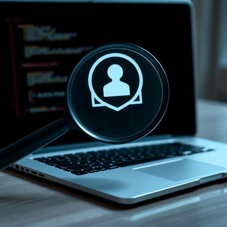 Create an image of a laptop with a magnifying glass focusing on an information icon, shot with a DSLR camera at f/4.0 aperture, ISO 100, 35mm lens, in high dynamic range style, front view with soft lighting.