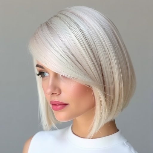 Elegant hair style showcasing a sleek platinum blonde bob with razor-sharp edges and a subtle side-swept fringe framing the face beautifully