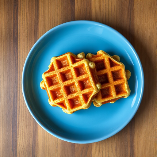 Generate a high-resolution image of two golden waffles on a blue plate, captured with a DSLR camera at f/2.8 aperture, ISO 100, 50mm lens, top-down view, natural lighting, and a slight vignette for depth.
