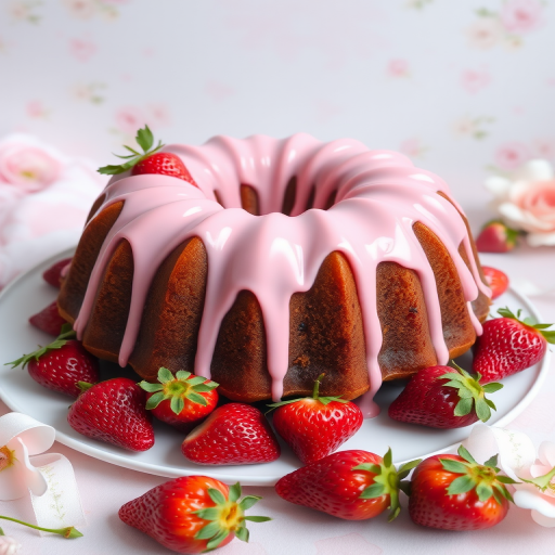 A beautifully decorated bundt cake with a smooth pink glaze dripping down the sides surrounded by fresh strawberries on a white plate with a soft pastel background and delicate floral accents.