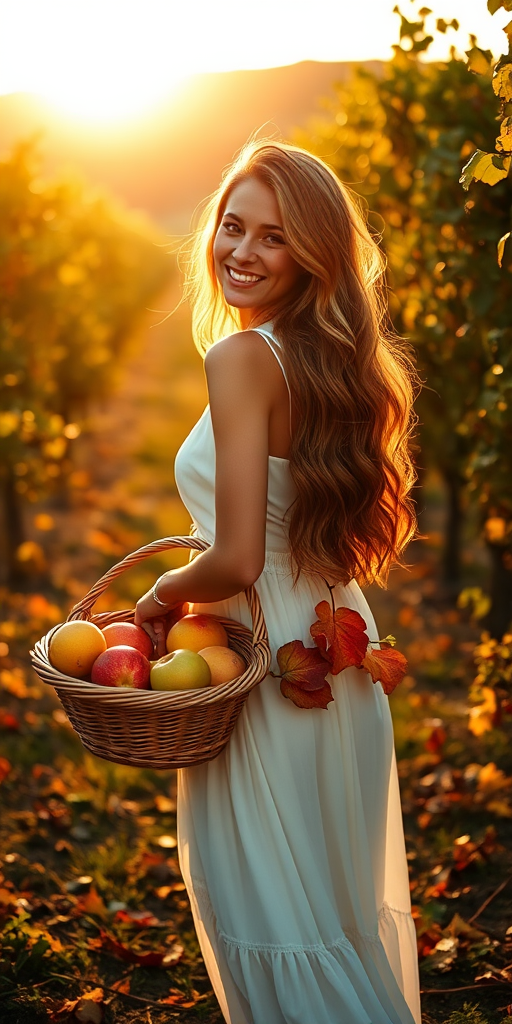A woman with long wavy hair wearing a white dress holds a basket of colorful fruits in a sunlit vineyard during golden hour, capturing the essence of autumn; shoot with a Canon EOS R5, 85mm f/1.2 lens, aperture f/2.0, ISO 100, and a warm color tone.