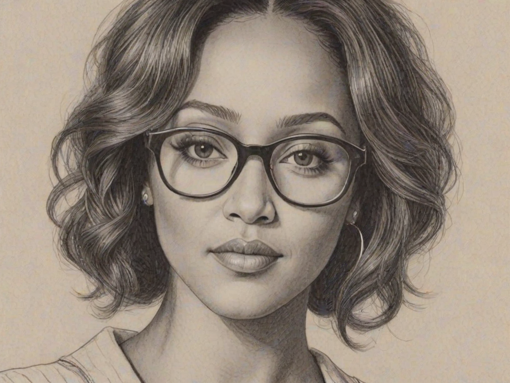 Enticing Tamara Mowry, pencil sketch, portrait of Enchanting woman 1978s in glasses, hair style beatnik, outline, clear lines, fine lines, 8k