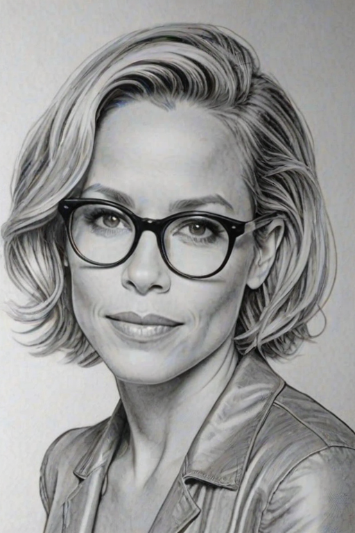Dazzling Maria Bello, pencil sketch, portrait of Bewitching woman 1952s in glasses, hair style beatnik, outline, clear lines, fine lines, 8k