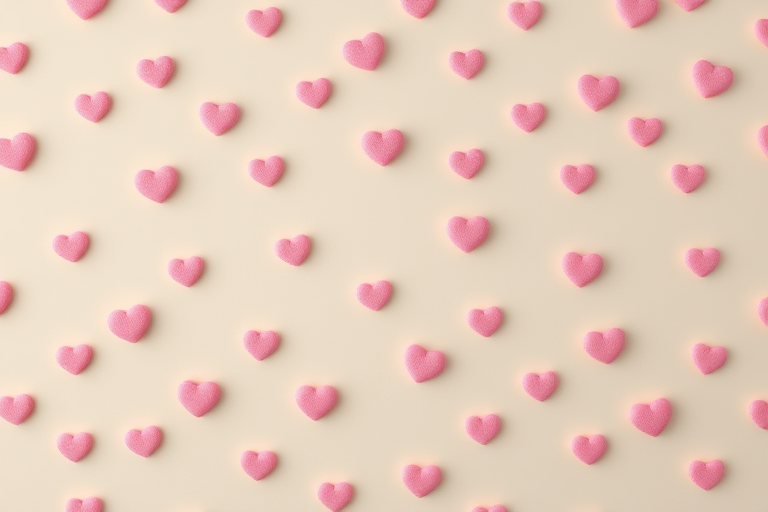 Create a seamless pattern of small pink hearts on a light beige background, shot with a DSLR camera at f/8, 1/250s, ISO 100, in a flat lay style to enhance clarity and depth of field.