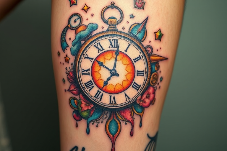 Surrealist "Melting Clock" tattoo inspired by Salvador Dali, featuring distorted timepieces and dreamlike imagery in a mix of soft pastels and bold primary colors