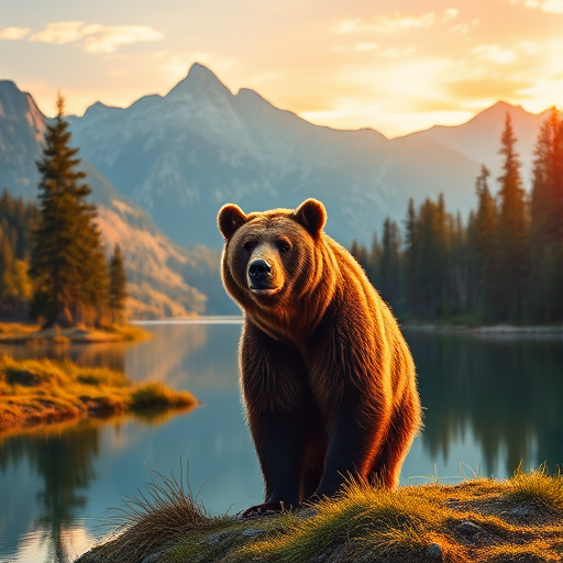Create a vibrant painting of a brown bear standing near a serene lake surrounded by pine trees and mountains in the background at sunrise, with soft, warm lighting, using a Canon EOS R5, 50mm lens, f/1.8 aperture, ISO 100, and a slightly higher saturation to enhance colors.