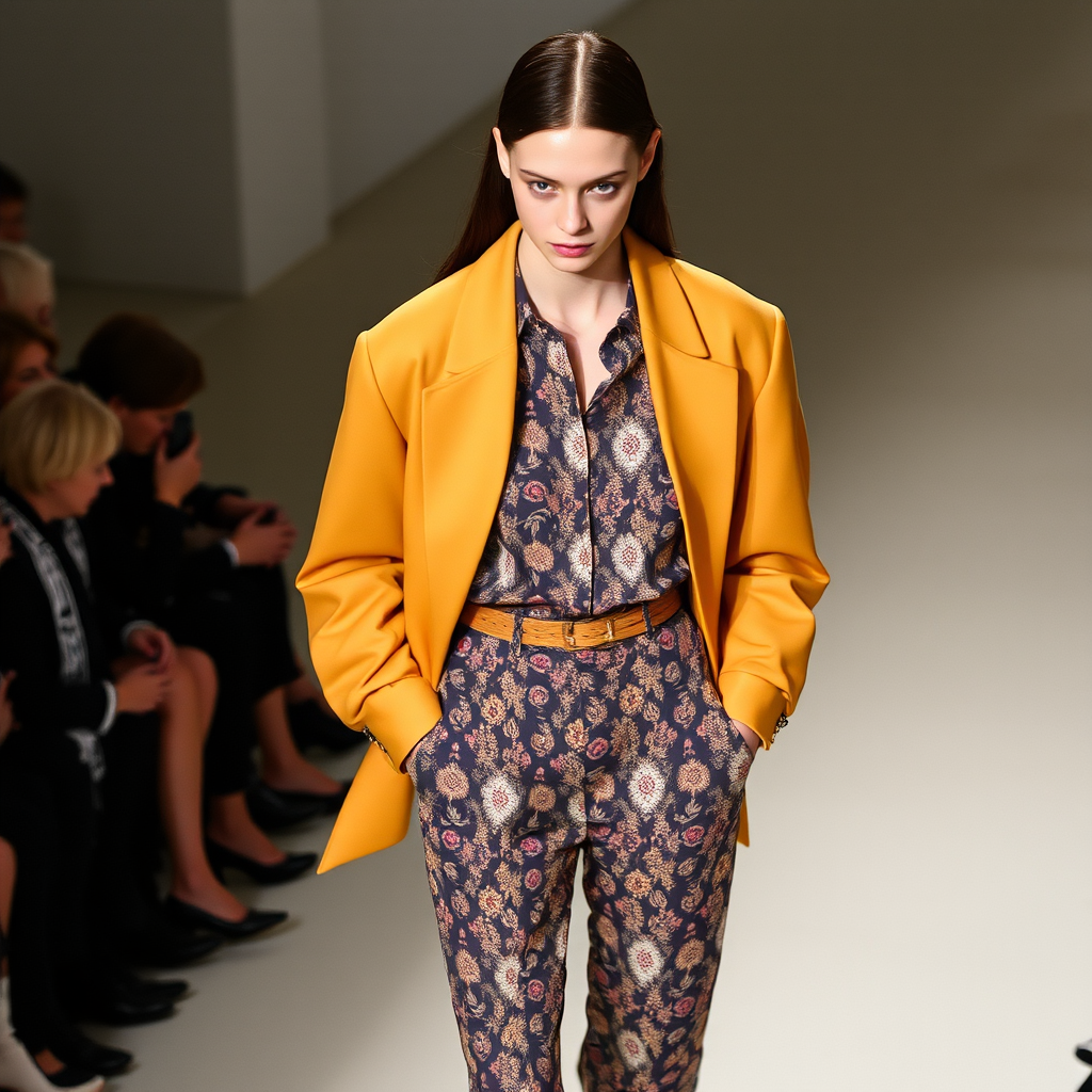 Capture the model from a high angle, emphasizing the outfit’s pattern and silhouette. Use a 35mm prime lens to maintain sharpness and minimize distortion