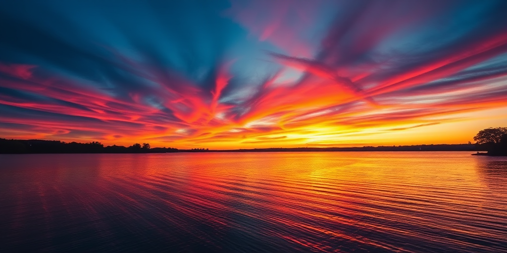 Create a high-resolution image of a vibrant sunset over a calm lake, captured with a DSLR camera at f/8 aperture, ISO 200, 1/125s shutter speed, wide-angle lens, with a soft focus to enhance depth.
