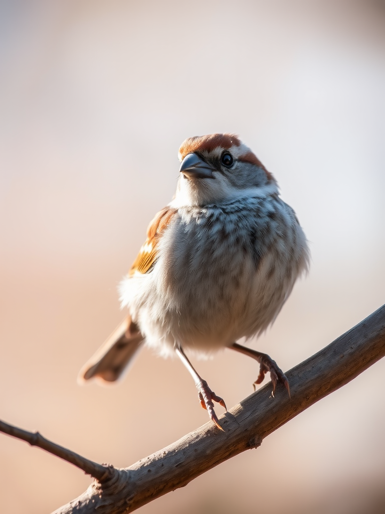 Capture a close-up of a sparrow perched on a branch with a blurred background, using a 50mm f/1.8 lens, aperture at f/2.8, ISO 200, shutter speed 1/200s, soft natural lighting, and a shallow depth of field for enhanced focus on the bird.