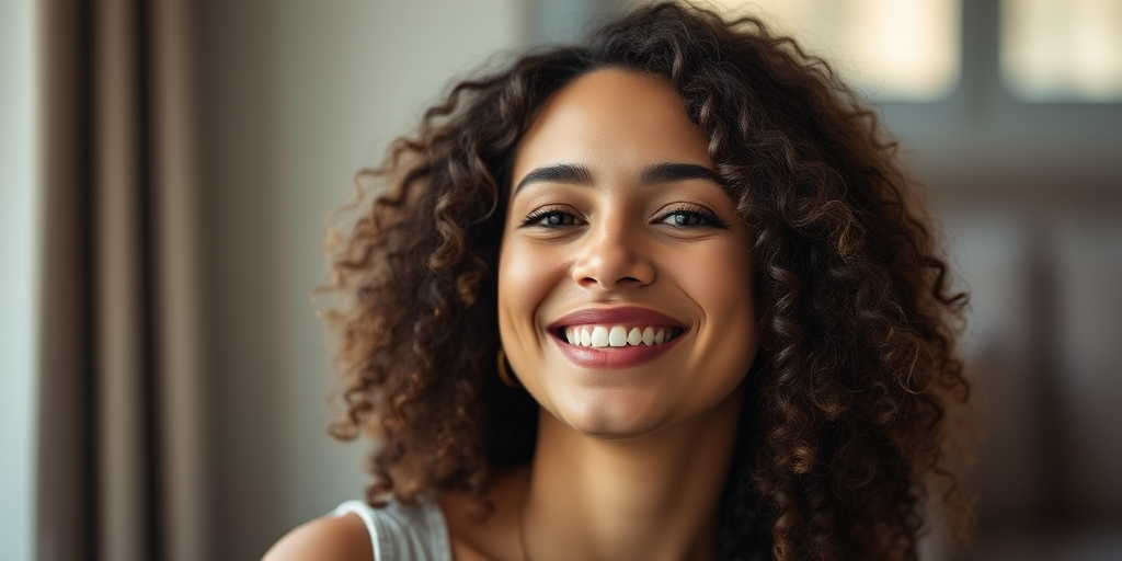portrait of a woman with curly hair smiling softly, soft lighting, shallow depth of field, ISO 100, f/2.8, 85mm lens, natural light, taken with a DSLR camera