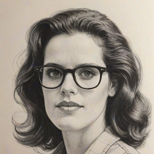 Wonderful Ione Skye, pencil sketch, portrait of Dazzling woman 1971s in glasses, hair style beatnik, outline, clear lines, fine lines, 8k