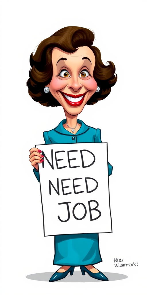 caricature of a smiling Vivien Leigh in a Cerulean dress or suit, holding up a sign that says "NEED A JOB", no watermark,