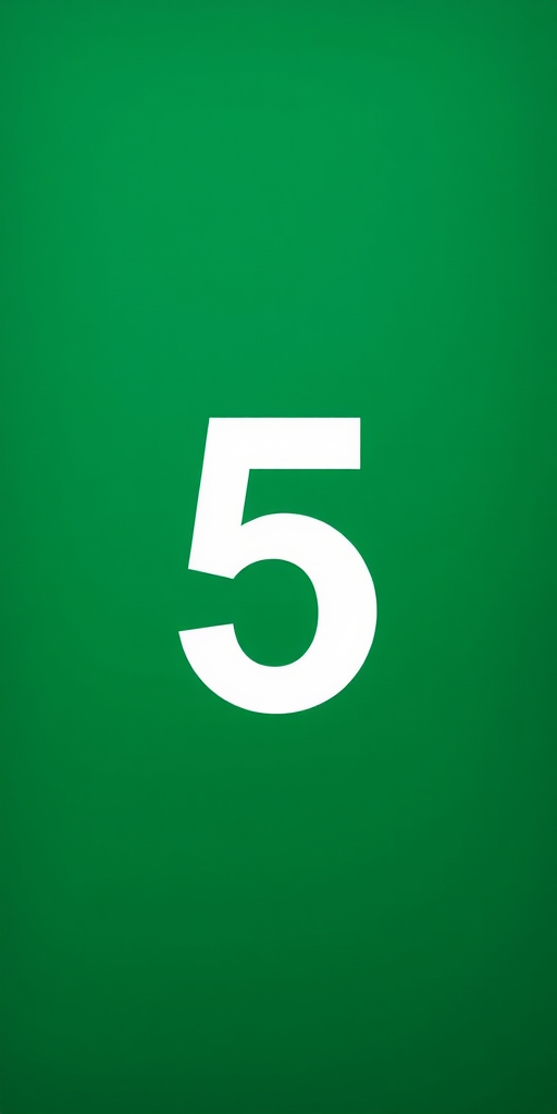 Create a high-resolution image of a large green square with a bold white number 5 in the center, captured with a DSLR camera at f/2.8 aperture, 50mm lens, ISO 100, top-down view, and enhanced sharpness and contrast.
