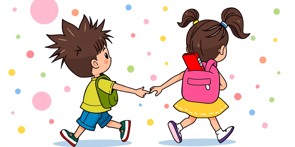 Generate an illustration of two cartoon children walking hand in hand, one boy with spiky hair wearing a green backpack and blue shorts, and one girl with pigtails wearing a yellow dress with a pink backpack holding a red pencil, vibrant colors with a playful background of colorful dots, shot with a Canon EOS R5, 50mm lens, f/2.8 aperture, ISO 100, natural light.
