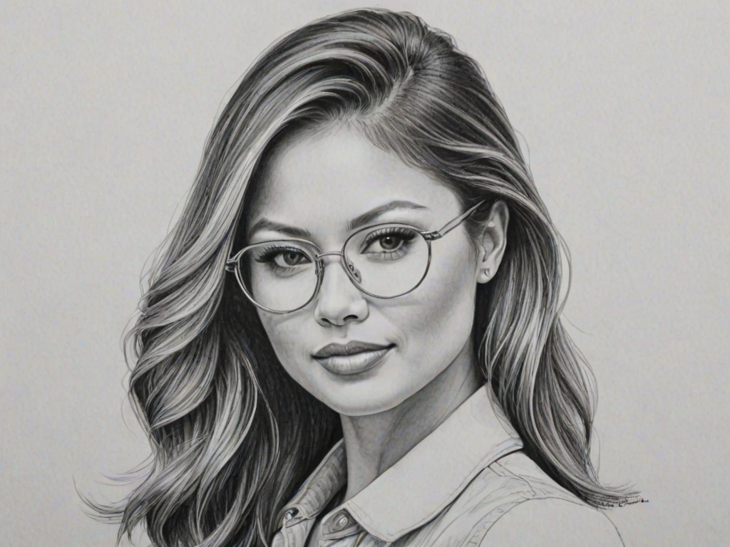 Graceful Vanessa Lachey, pencil sketch, portrait of Appealing woman 1968s in glasses, hair style beatnik, outline, clear lines, fine lines, 8k