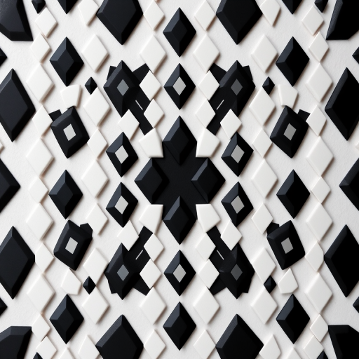 Create a high-resolution abstract pattern consisting of smaller black and white diamonds arranged in a larger diamond formation, focusing on symmetry and contrast, captured with a DSLR camera at f/8 aperture, ISO 100, using a 50mm lens, with a flat lay perspective.