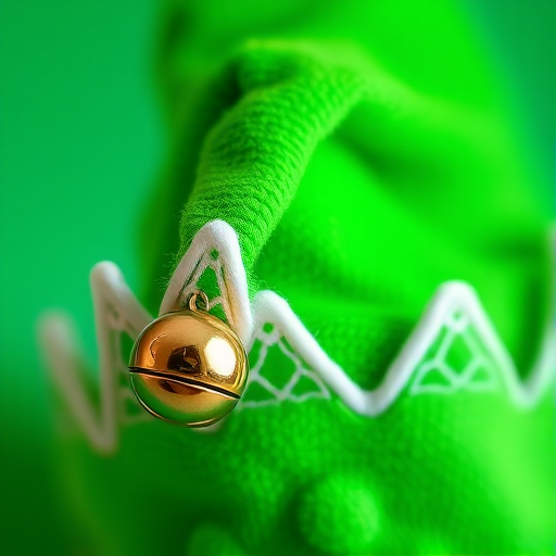 Create an image of a whimsical green elf hat with a white brim and a bell on the tip, camera settings: f/2.8 aperture, ISO 100, shutter speed 1/200s, capture view from a slight angle for depth, use a DSLR camera with a macro lens to enhance image quality.