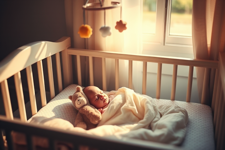 Warm, softly lit image of a newborn baby sleeping in a crib, wrapped in a cozy blanket, soft shadows cast by a mobile hanging above, gentle sunlight filtering through the curtains, a stuffed animal resting beside the baby, the peaceful stillness of the room captured.