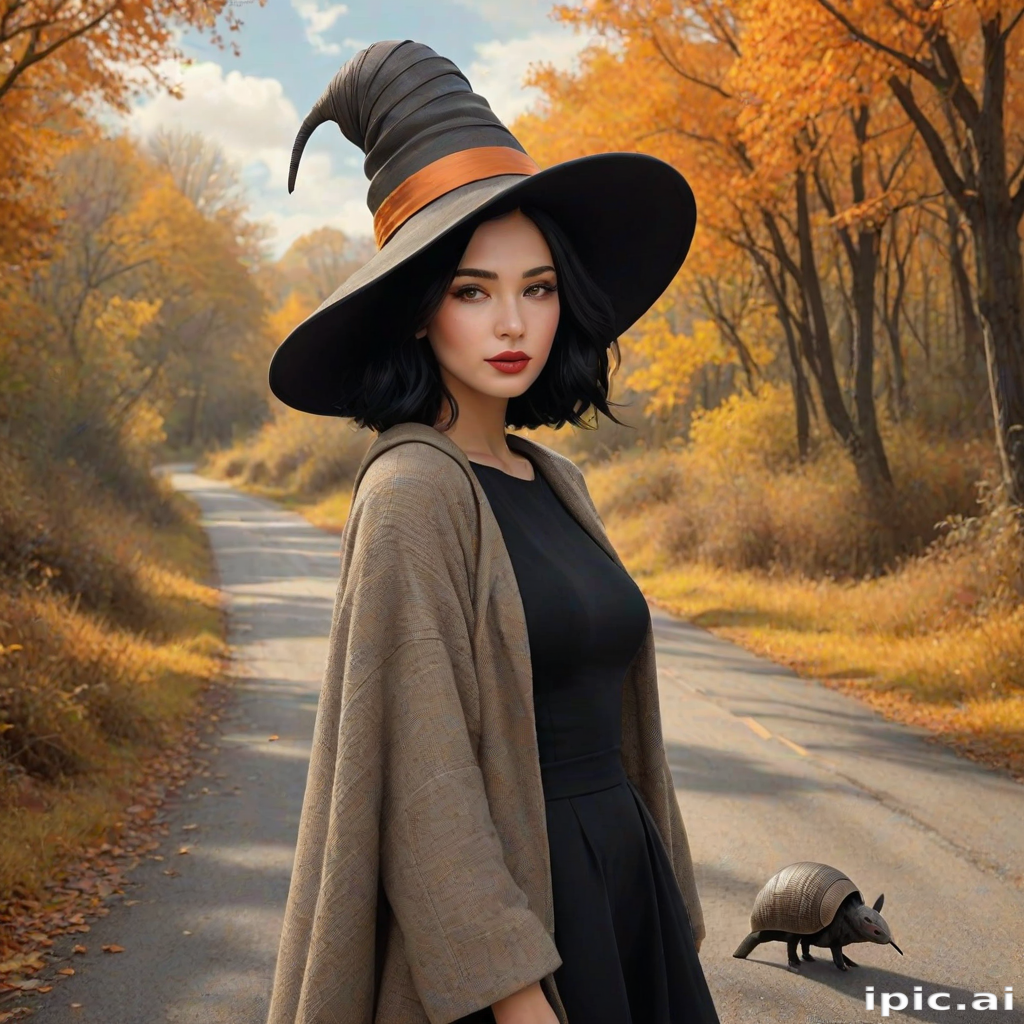 digital art fantasy depicting a strange girl with black hair, long eyelashes, orange lipstick and a tall hat walking along a winding road on an autumn afternoon, an armadillo smiles as he passes