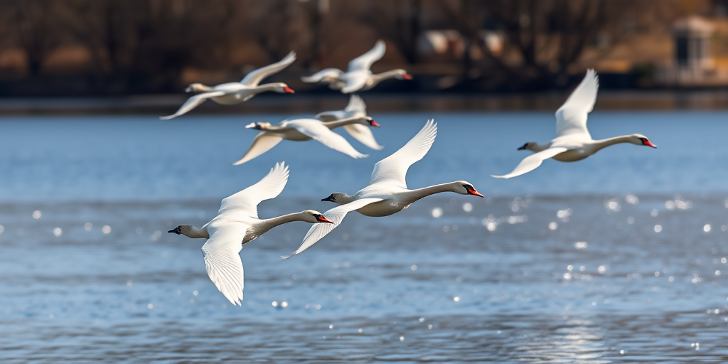 Capture a serene scene of swans flying over a glistening lake, using a Canon EOS 5D Mark IV with a 70-200mm lens at f/4, ISO 400, shutter speed 1/2000 sec, shot in landscape view with a focus on the swans in mid-flight, emphasizing natural lighting and vibrant colors.
