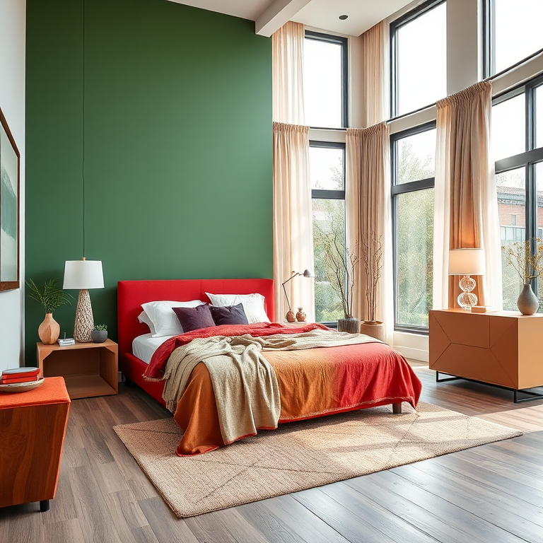 a modern bedroom interior featuring a red bed with a beige blanket, green accent wall, large windows with curtains, stylish lamps, decorative plants in vases, and a geometric cabinet, shot with a DSLR camera at f/4 aperture, 24mm focal length, ISO 200, natural lighting, wide-angle view for enhanced depth and clarity