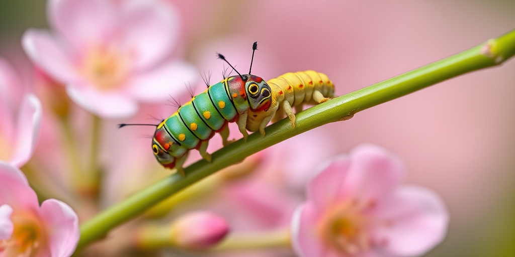 Close-up of two colorful caterpillars on a green stem with soft pink flowers in the background, shot with a macro lens at f/2.8, ISO 100, 1/250s; natural lighting, focus on the caterpillars with a blurred bokeh effect.
