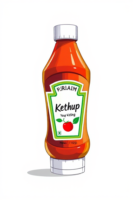 Create a high-resolution illustration of a ketchup bottle with a green cap against a white background, using a digital drawing style, shot from a slight angle to emphasize depth, with a focus on vibrant colors and smooth lines.