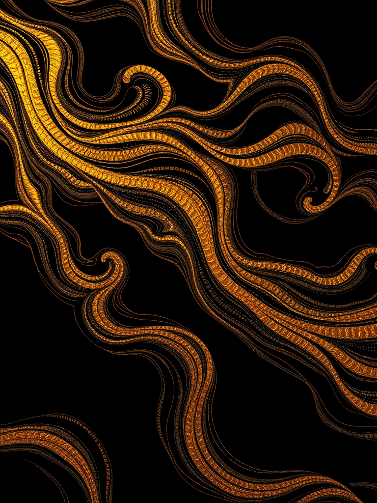 Create an abstract image of flowing golden patterns on a black background with high resolution, using a DSLR camera at f/2.8, ISO 100, 1/125s, shot from a close-up view with a macro lens to enhance detail and texture.