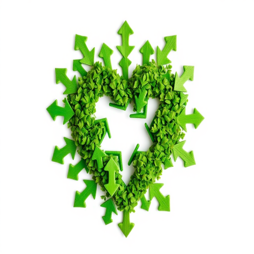 Create an image of a green heart made of arrows forming a recycling symbol, 50mm lens, f/2.8 aperture, ISO 100, 1/200 sec exposure, top-down view, digital camera, high contrast, vibrant colors.