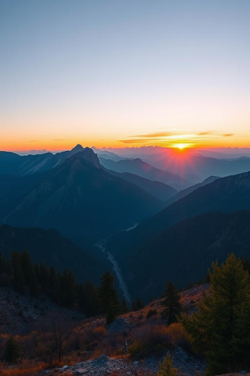 Generate a high-resolution image of a serene mountain landscape during sunrise with vibrant colors, ISO 100, f/11 aperture, 1/200s shutter speed, taken with a DSLR camera from a wide-angle view in landscape orientation to enhance depth and clarity.