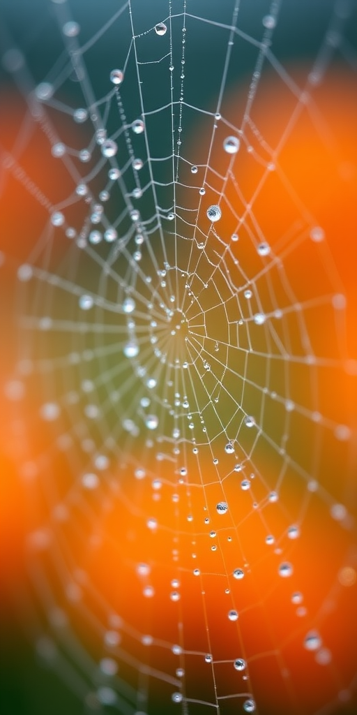 macro shot of a spider web covered in dew drops with a blurred orange background, 100mm f/2.8 lens, ISO 200, shutter speed 1/400s, taken with a DSLR camera from a close-up perspective, soft focus effect
